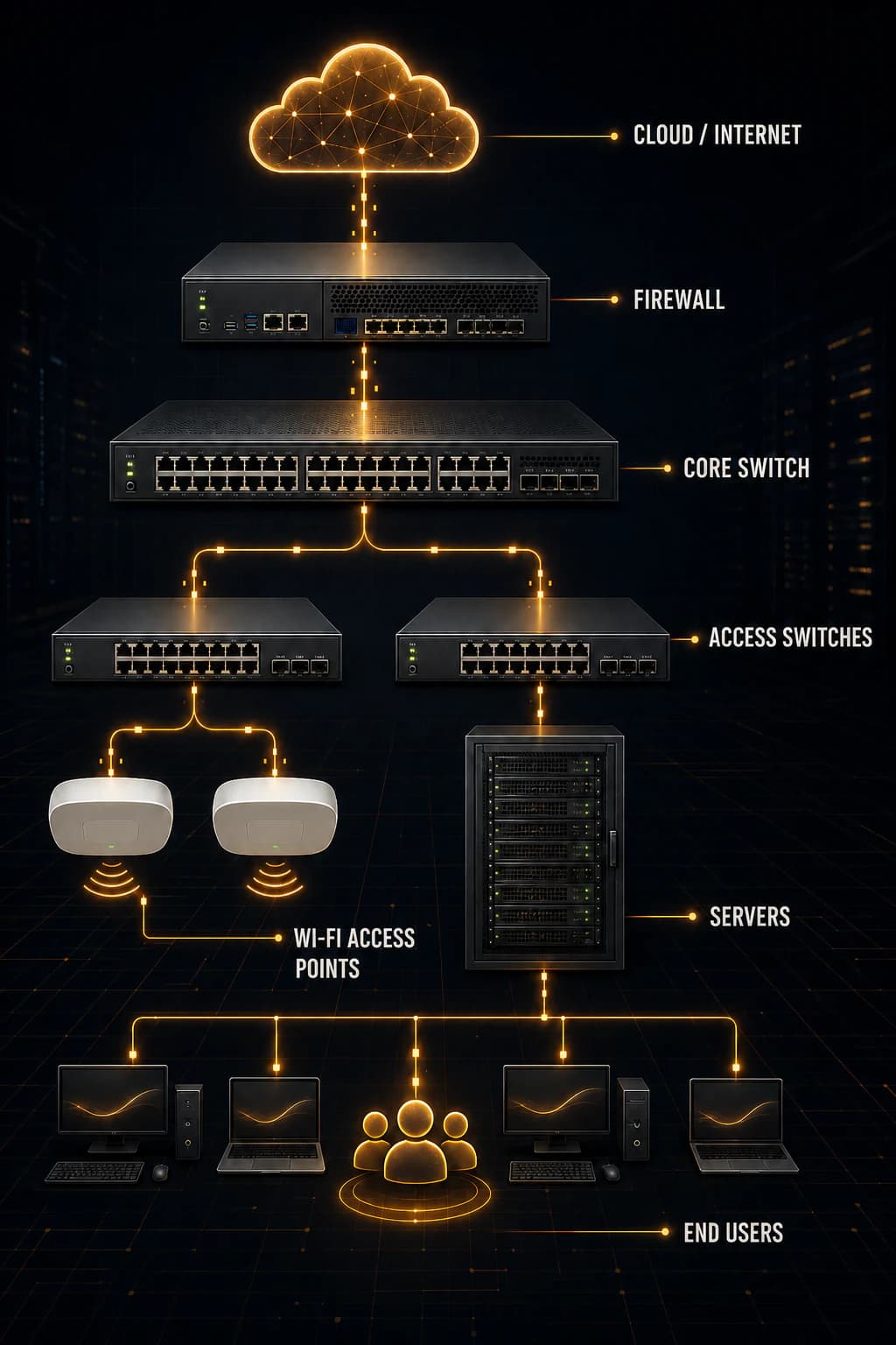 Enterprise network hierarchy connecting cloud and internet through a firewall, core and access switches to Wi-Fi access points, servers and end users